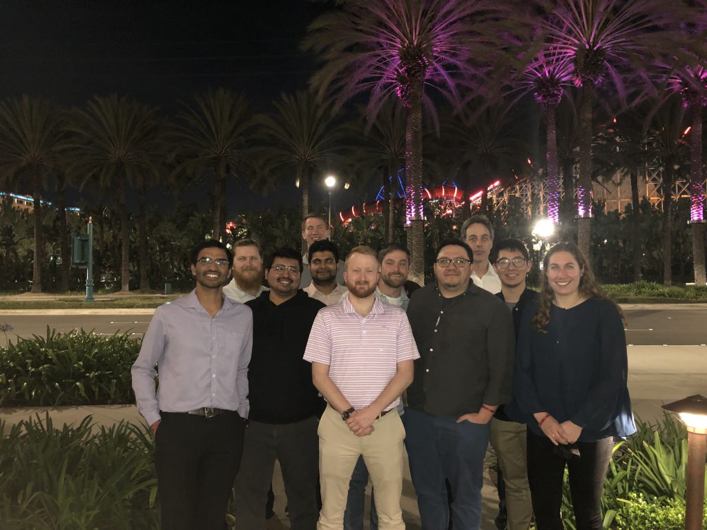 Strachan group members @ TMS 2022, Anaheim CA. Joined by alumni Dr. Saaketh Desai and Dr. Edwin Antillon. Also joined by Professor Michael Titus' group: Austin Hernandez, Thomas Mann, and Victoria Tucker