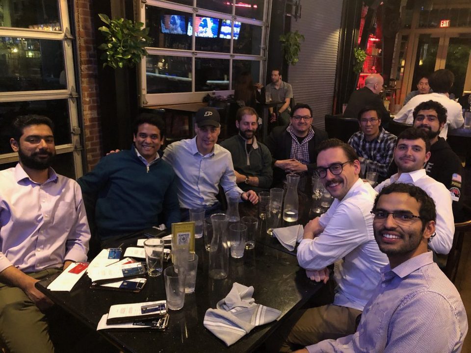 TMS Annual Meeting · San Diego, CA · March 2023. Joined by alumni (left to right) Dr. Mathew Cherukara, Dr. Mitchell Wood, Dr. Edwin Antillon, Dr. Sam Reeve, and Dr. Saaketh Desai, and by Prof. Arun K. Mannodi-Kanakkithodi.